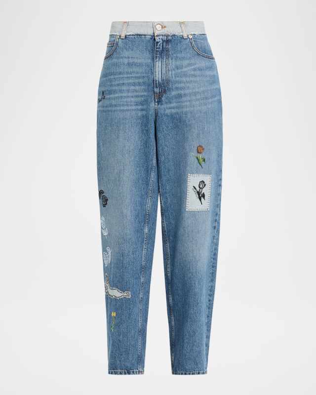 Embroidered Straight-Leg Denim Trousers